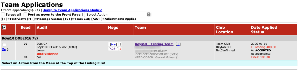 assessing a fine to a team