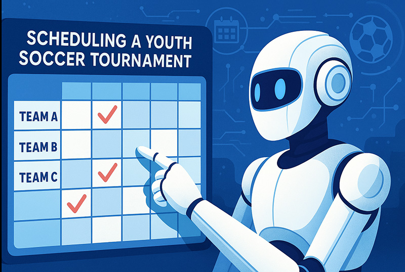 An AI bot points to a mock soccer schedule. Generated by AI